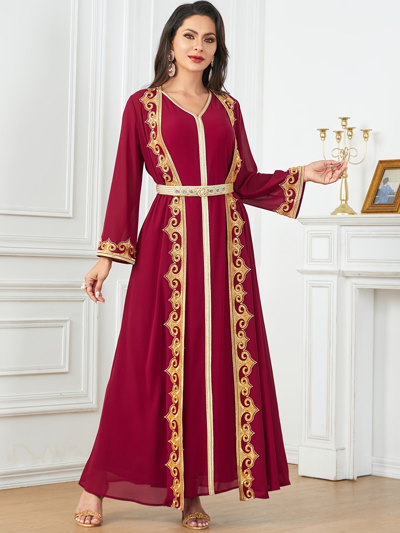 New Middle Eastern Emirati Abaya Dress + Cardigan Lace Embroidery Long Sleeve Two-Piece Robe Dress