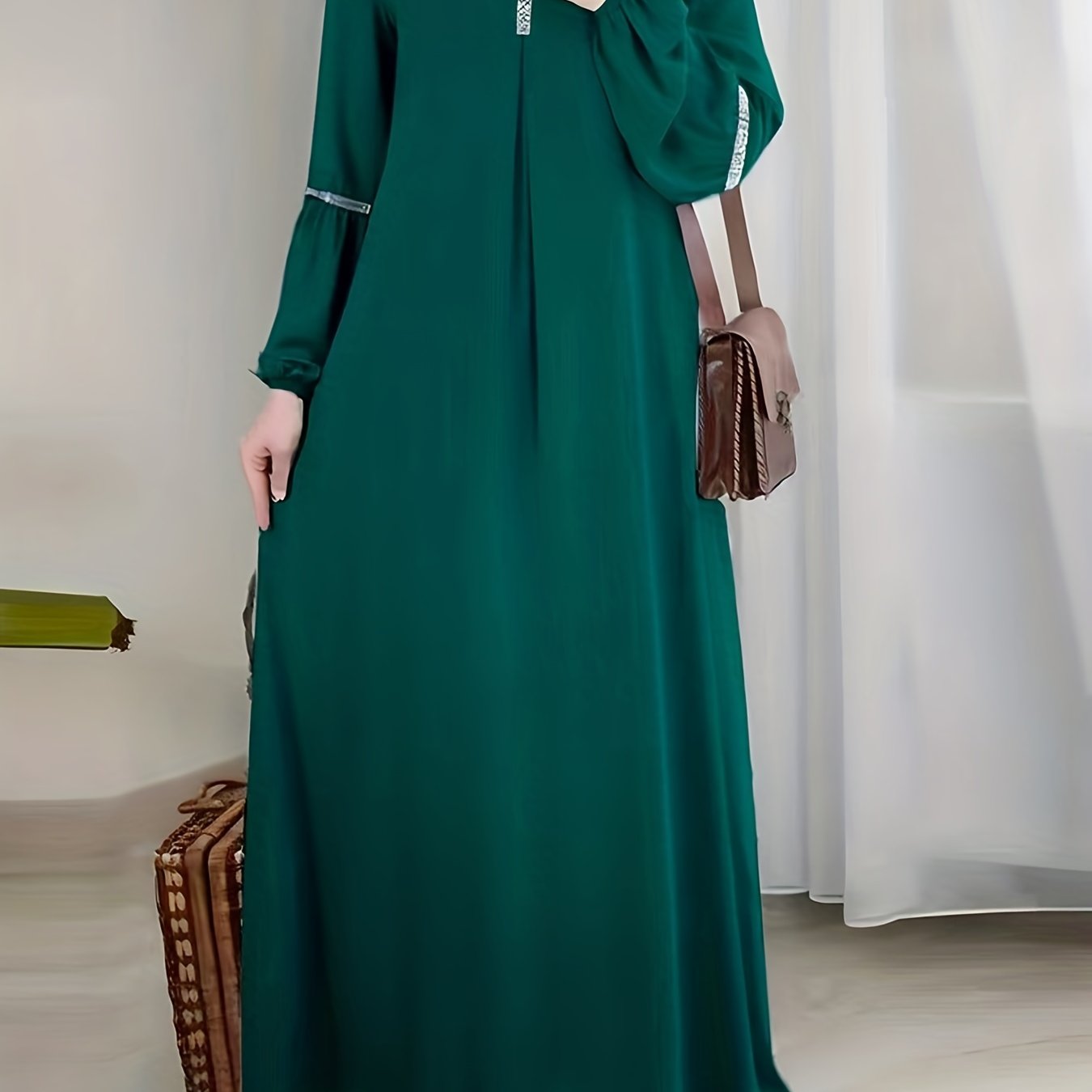 [Elegant Abaya] Elegant Arabic Abaya Burkha | 2023 New Women's Long Sleeve Modest Cover Dress, Solid Green, Sequin Sleeves, Machine Washable, No Stretch Fabric