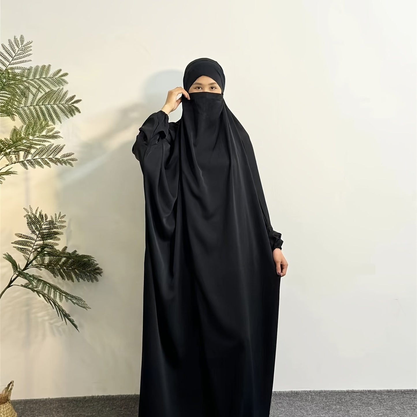 Elegant Black Hijab Dress for Women - Long Sleeve Smocked Abaya Kaftan with Hooded Prayer Abaya Burqa, Polyester Islamic Modest Clothing for Ramadan & Daily Wear