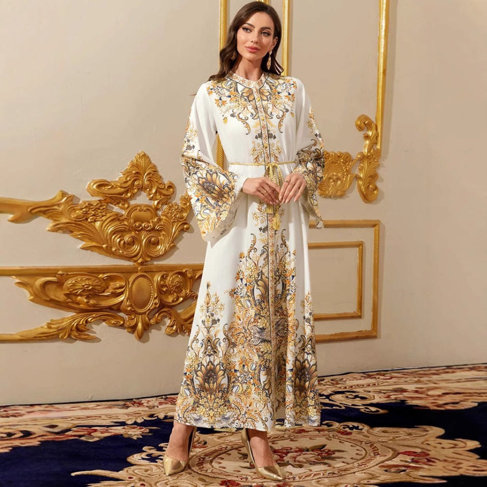 Women's Elegant Middle Eastern Dubai Baju Abaya Dress - Luxurious Golden Floral Print & Lace-like Sleeve Design, Floor-Length Evening Gown with Modest Coverage for Weddings