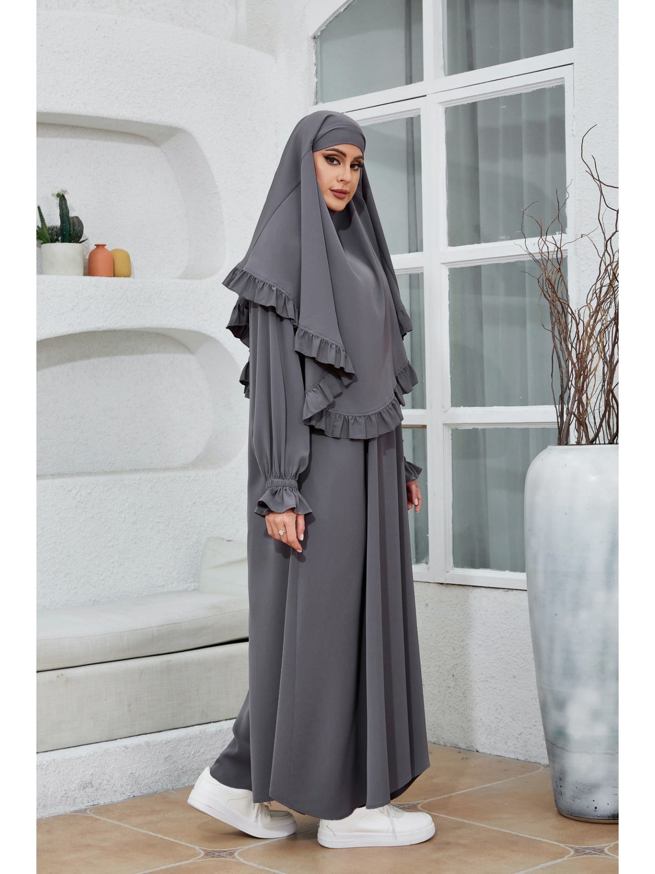 Polyester Women's Elegant Long Robe & Khimar Abaya Set | Turkish Dubai Style Hijab, Loose Fit, No Belt, Perfect for Spring/Summer, Middle Eastern Fashion, Long Sleeve