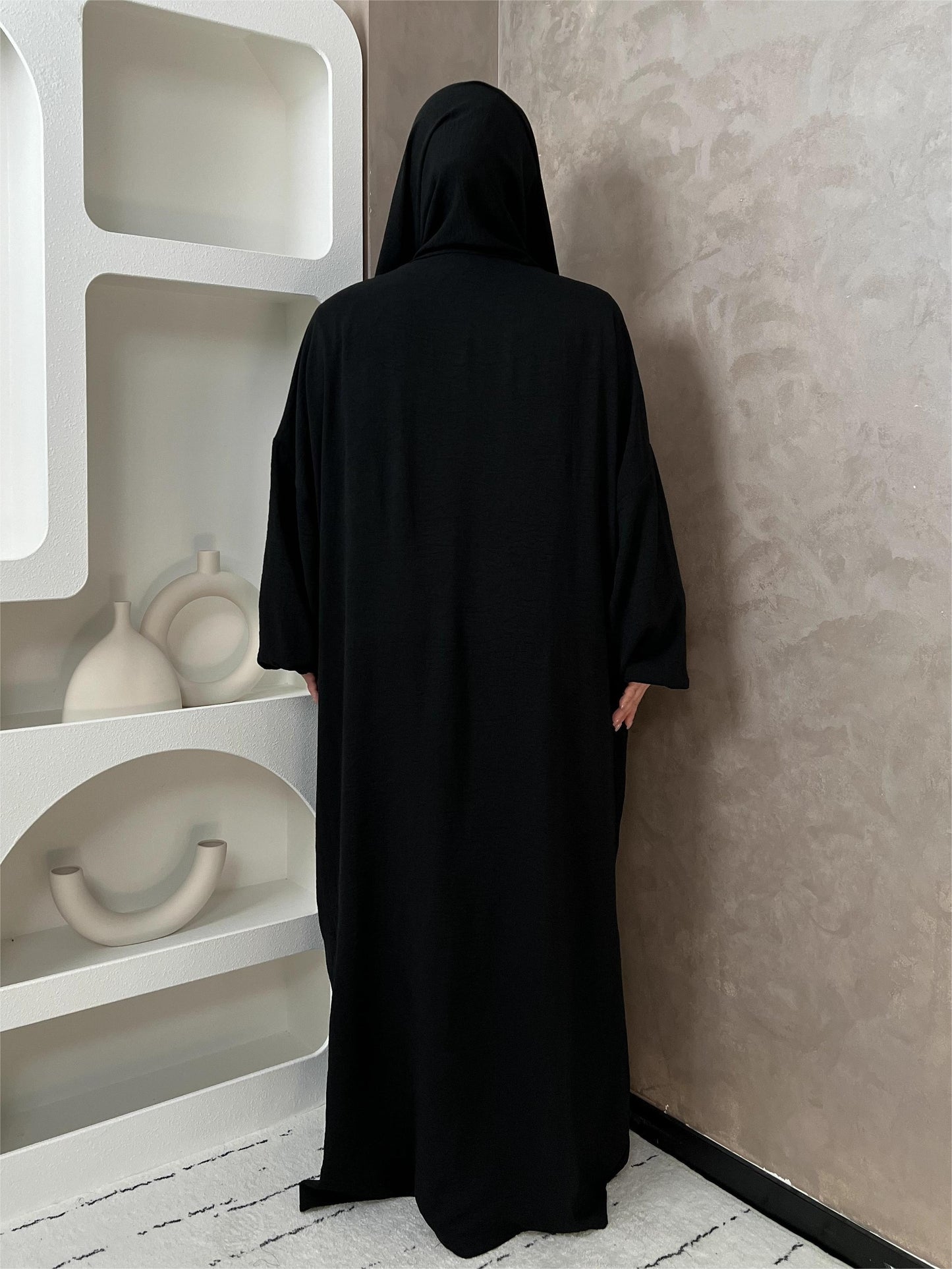 Elegant Crepe Hooded Jibab Abaya Hijab | Modest Long Sleeve Full Coverage Prayer Dress with Attached Scarf & Pockets, Machine Washable Medium Stretch Solid Color