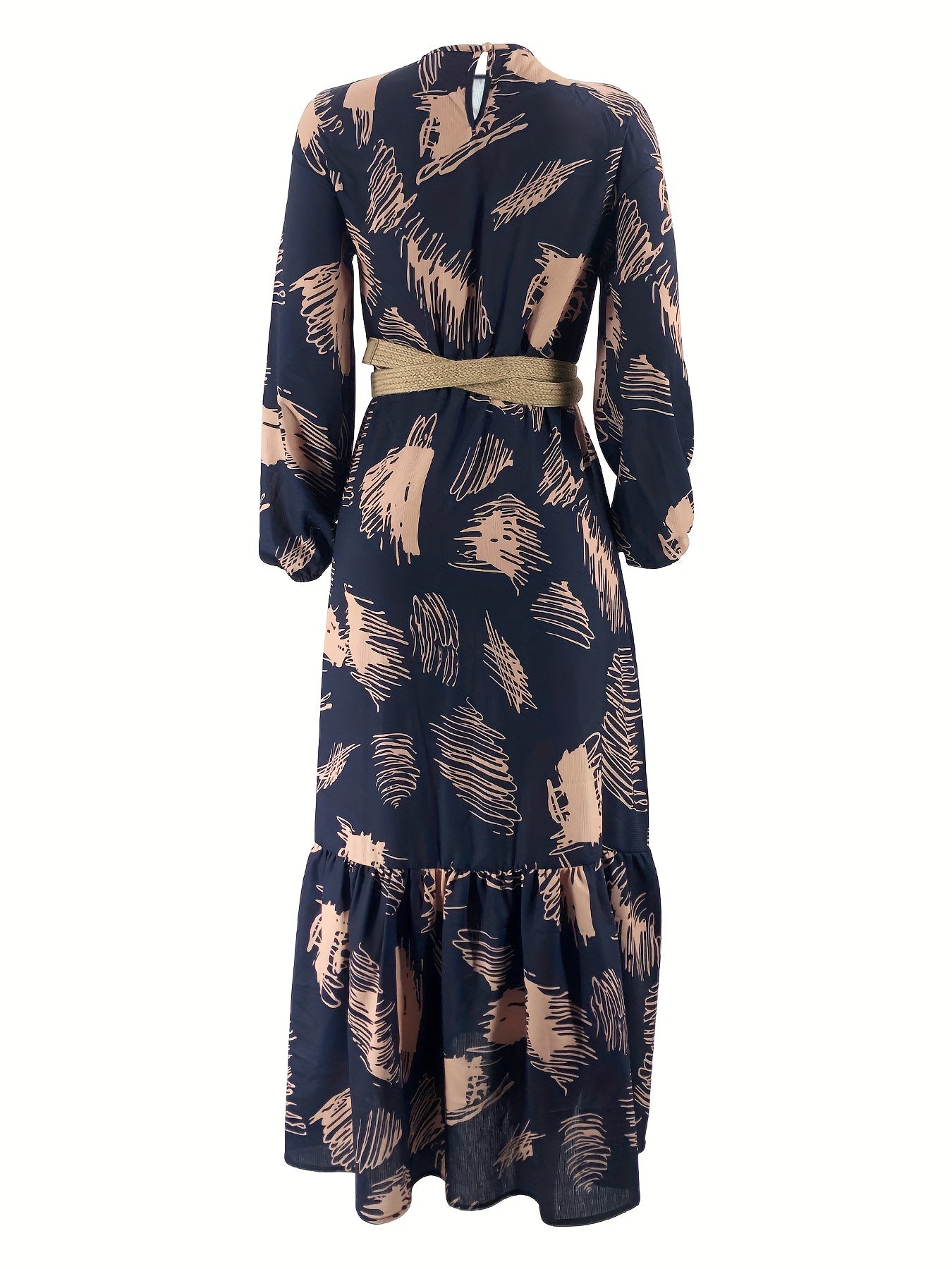 Ramadan Casual Long Sleeve Maxi Kaftan Abaya | Women's All Over Print Crew Neck Dress