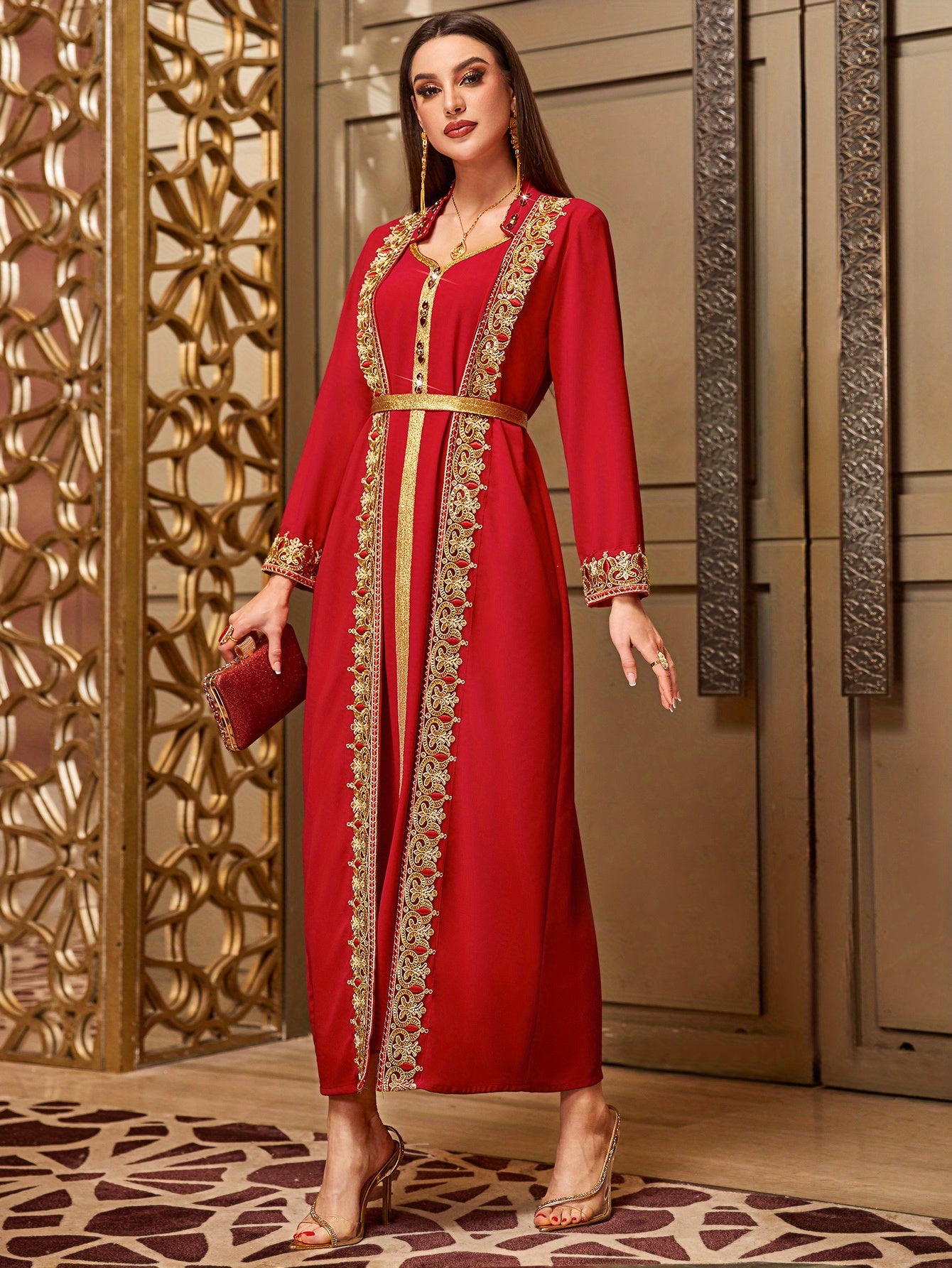 Elegant Red Faux Two-Piece Casual Middle Eastern Abaya Gown Dress for Women - Traditional Attire with Sparkling Rhinestone Embellishments, Lantern Sleeves, and a Belted Waist
