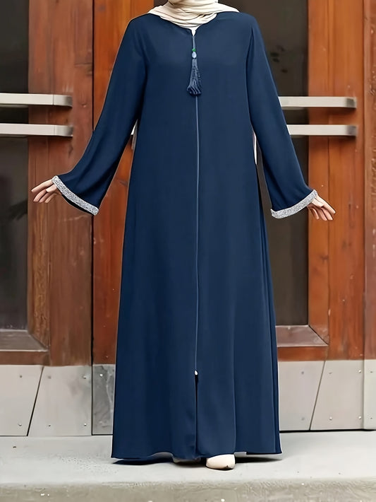 Women's Traditional Moroccan-Style Long Baju Abaya with Zipper Closure - Solid Color, Loose Fit, Round Neck, Polyester, Casual Wear, Casual Wear|Traditional Robe|Polyester Dress