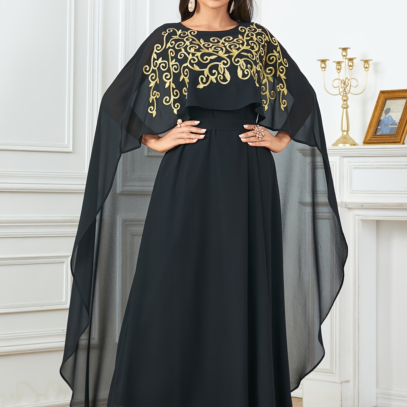 Stylish Long Cape with Lace Edge and Embroidery, Two-piece Set, Robe with Waistband and Body-hugging Abaya Dress