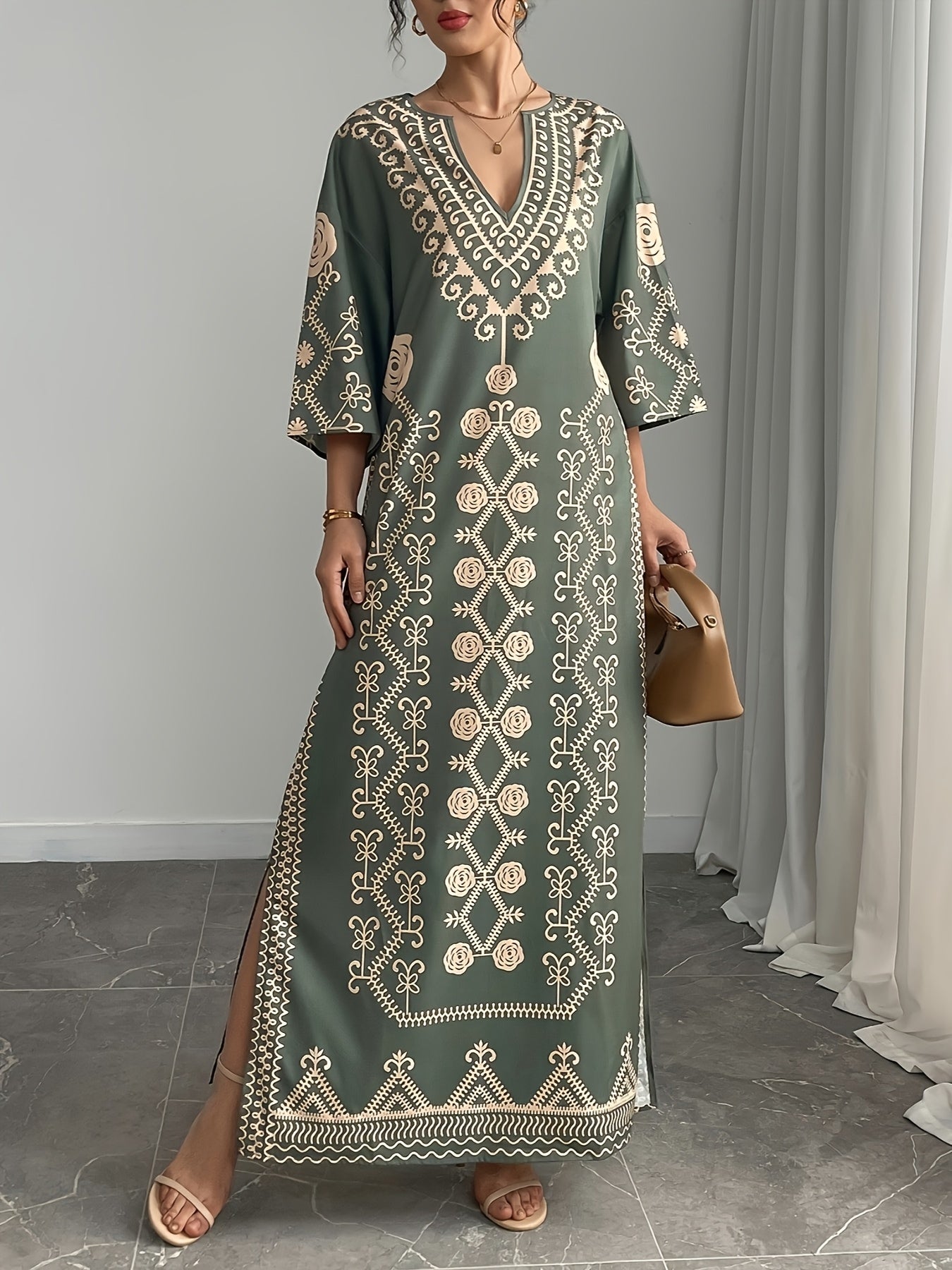 Women's Elegant Green Kaftan Dress with Intricate Beige Detail - V-Neck, Side Slits Baju Abaya, Flowing Fabric for Formal or Cultural Events, Pair with Heels for Sophisticated Look, Cultural Attire