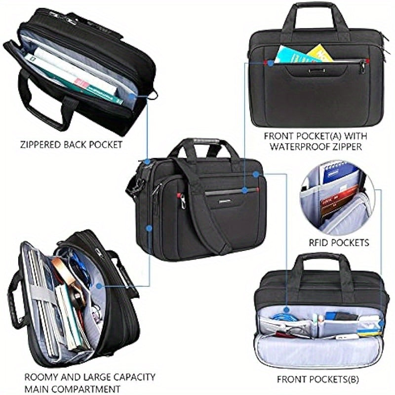 Men Briefcase Premium Leather Laptop Case Fits Up to 17.3 Inch Business Shoulder Bag Laptop Expandable Messenger Bag for Men Women Computer Bag for Travel Business Black