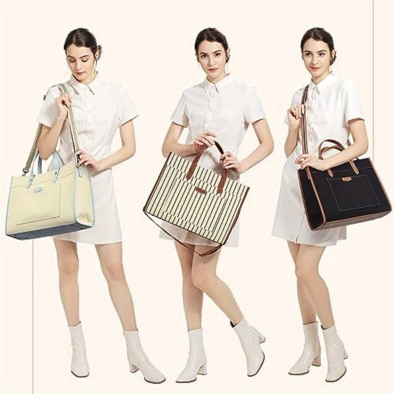 Leather Laptop Tote Bag, Canvas Laptop Bag 15.6 inch Work Shoulder Bags Casual Briefcase Handbag for Travel Office College Stripe