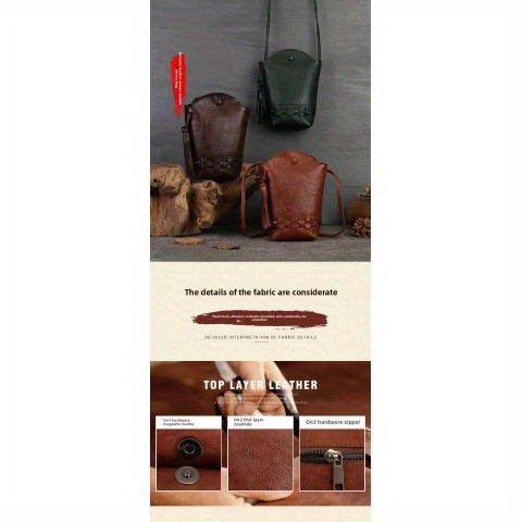 New Women's Bag with Design Sense, Retro Top-Grain Leather Cowhide Woven Phone Bag, Mini Crossbody Single-Shoulder Casual Fringed Bucket Bag