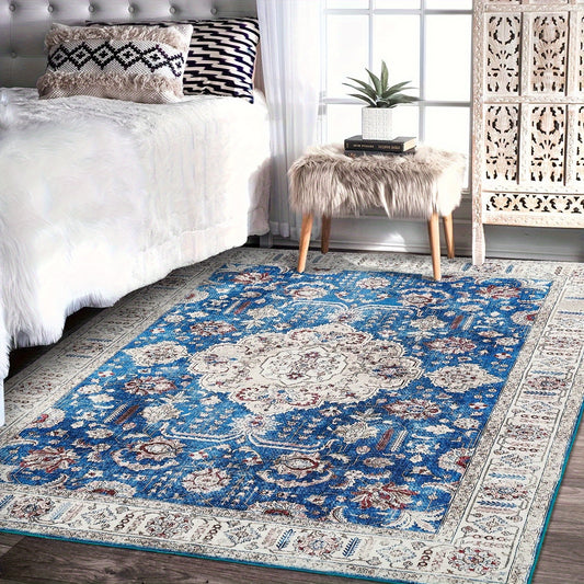 Machine Washable Runner Rug Boho Vintage Arabian Rug Non Slip Carpet For Bedroom Hallway Laundry Kitchen, Stain Resistant Dining Room Rugs Floral Oriental Entryway Rug Soft Living Room Rug, Blue