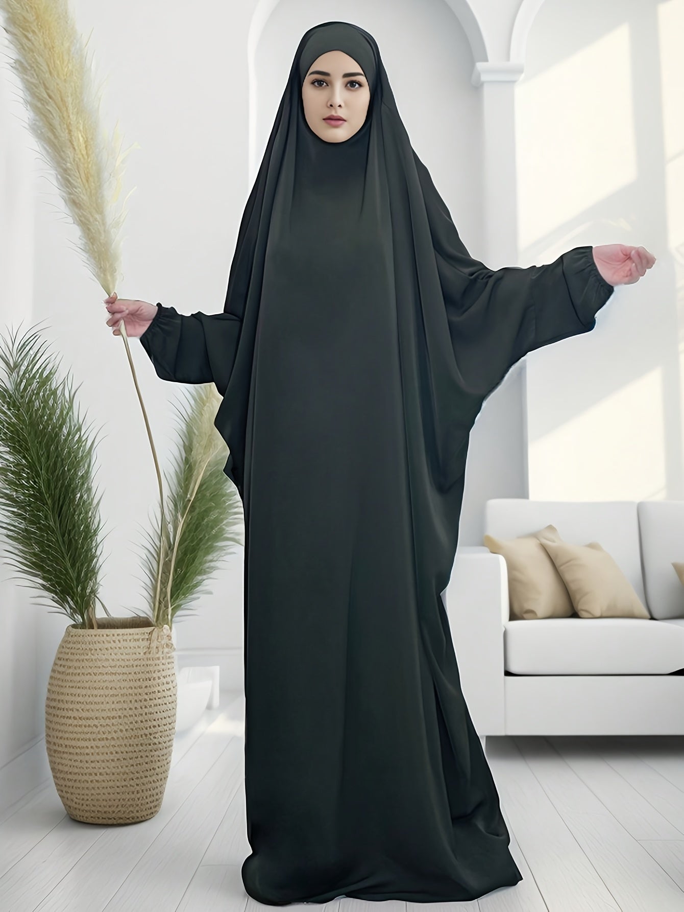 Elegant Solid Black Baju Abaya Prayer Dress - Loose Fit Batwing Sleeves Long Sleeve Ramadan Abaya with Hijab Headscarf, Traditional Middle Eastern All-Season Long Robe for Women