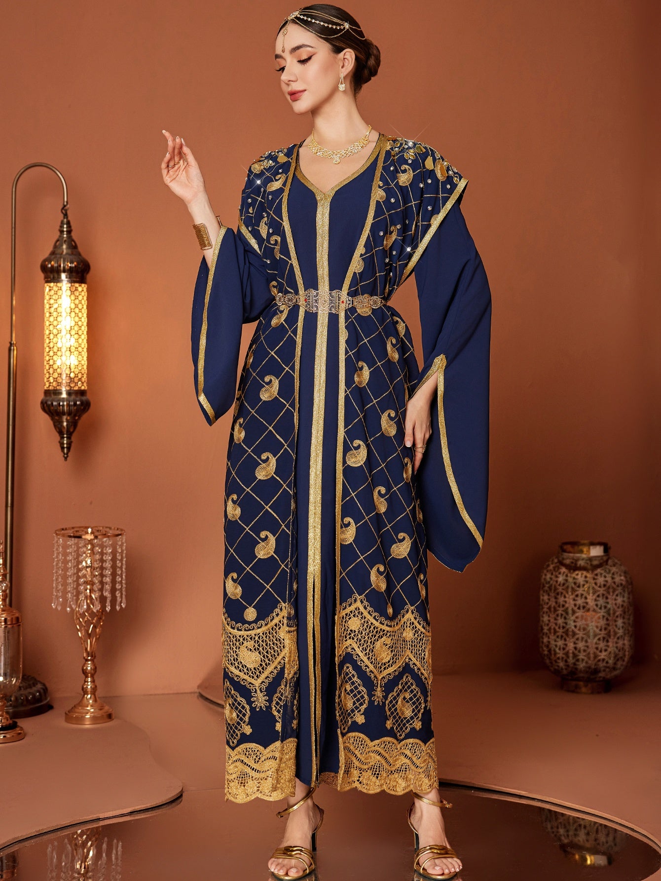 Elegant Long Sleeve Abaya Gown Dress | Women's Middle Eastern-Inspired Navy Blue & Golden Lace Trim - Lightweight 100% Polyester, Belted Waist, Hand Wash Only, Spring/Summer Casual to Formal Wear
