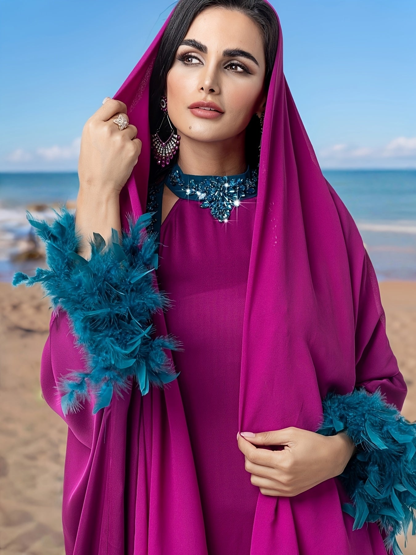 Elegant Purple Three-Piece Robe Set with Blue Sleeves and Sequined Collar, Featuring Modern Abaya Gown With Headscarf for an Air of Sophistication
