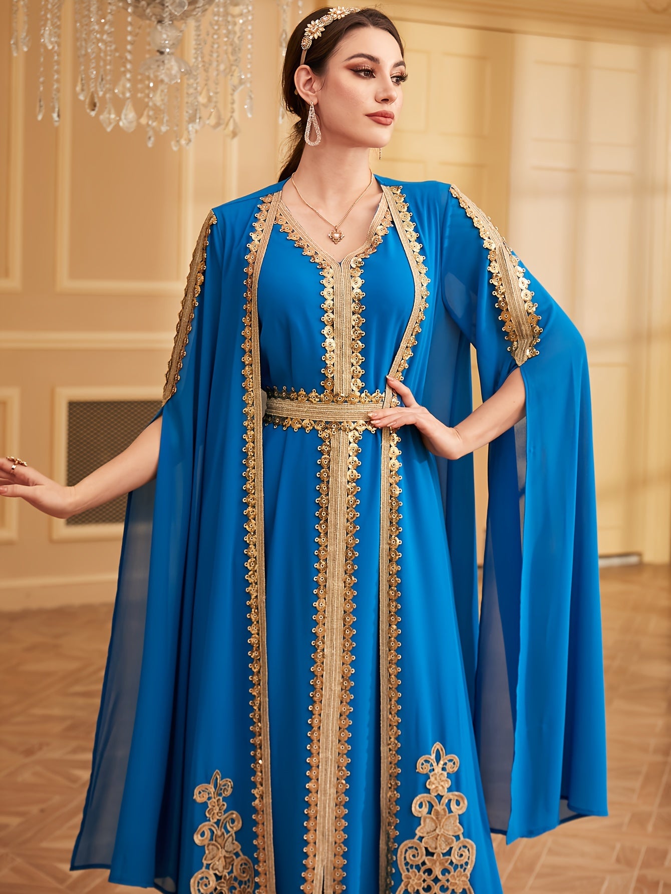 Two-piece Set: Fashion Embroidered Vest with Waist Cincher and Long Skirt + Cardigan with Sequins and Split Long Sleeves Abaya Gown Dress