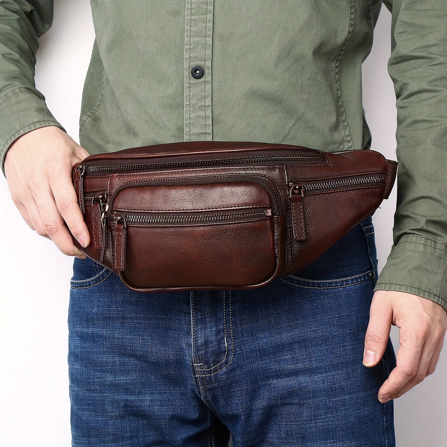 Premium Genuine Leather Fanny Pack for Men & Women - Adjustable Sling Bag with Multiple Zipper Pockets, Brown Leather Crossbody Chest Bag