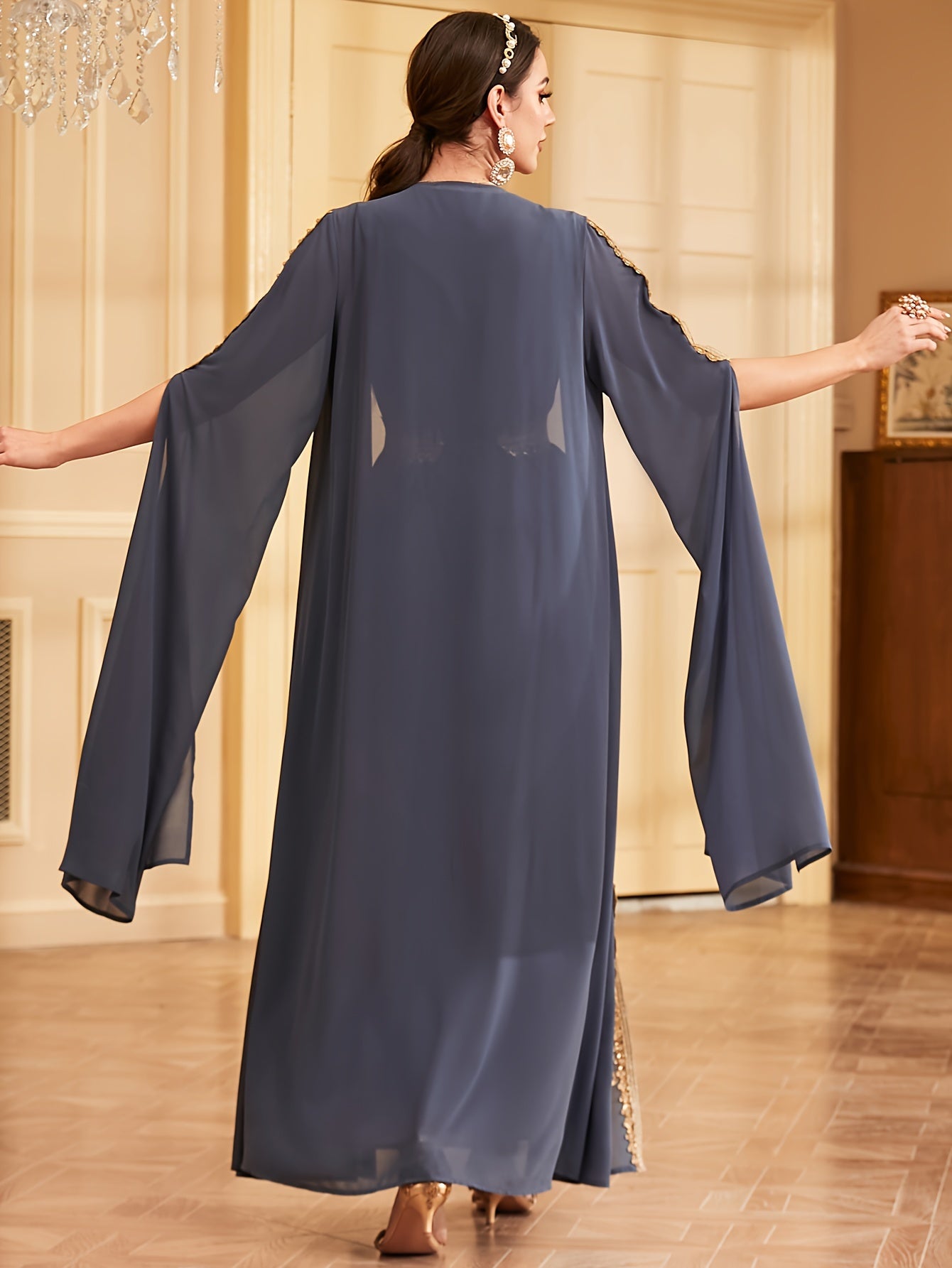 Two-piece Set: Fashion Embroidered Vest with Waist Cincher and Long Skirt + Cardigan with Sequins and Split Long Sleeves Abaya Gown Dress