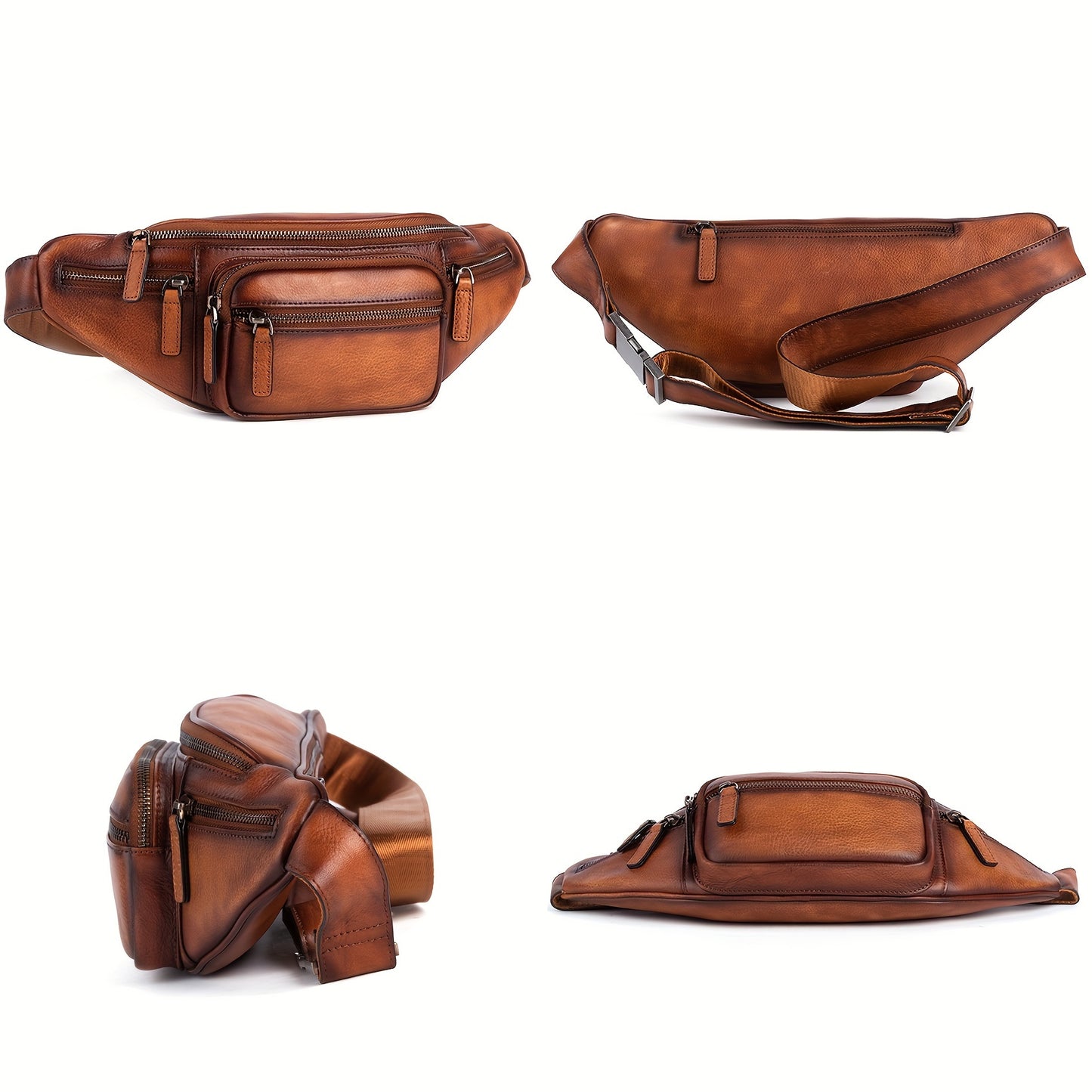 Premium Genuine Leather Fanny Pack for Men & Women - Adjustable Sling Bag with Multiple Zipper Pockets, Brown Leather Crossbody Chest Bag