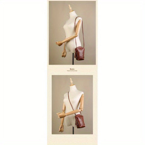 New Women's Bag with Design Sense, Retro Top-Grain Leather Cowhide Woven Phone Bag, Mini Crossbody Single-Shoulder Casual Fringed Bucket Bag
