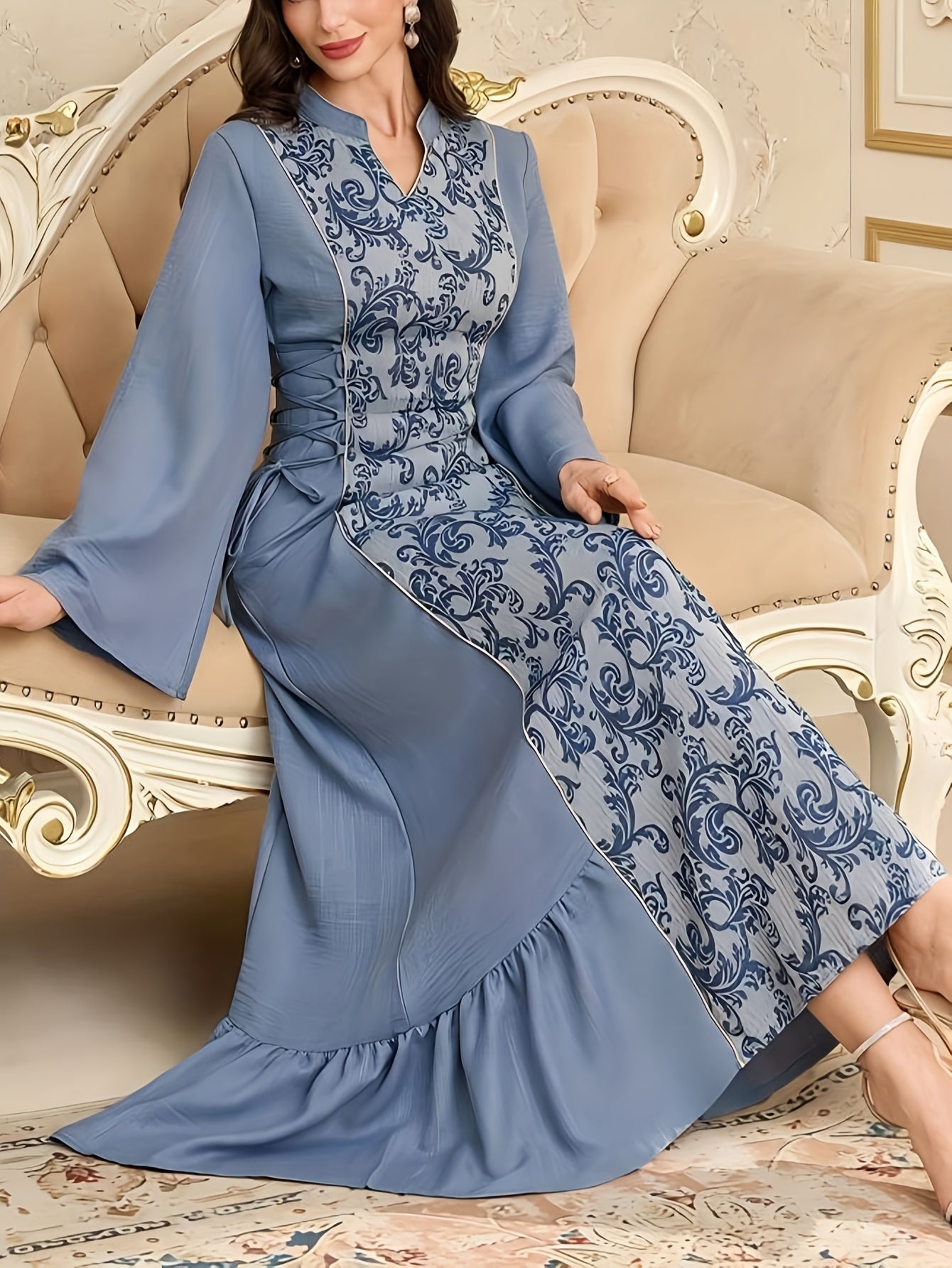 Elegant Middle Eastern-Inspired Women's Baju Abaya with Stand-Up Collar & Adjustable Waist Tie - Sleeve Solid Color Traditional Attire, Machine Washable for All-Season Wear