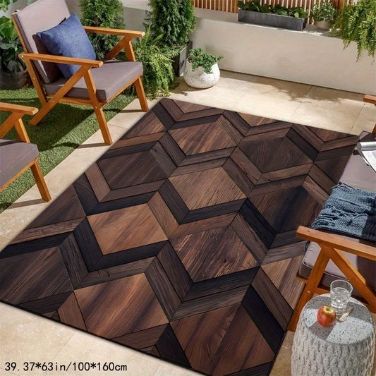 [Crystal Velvet | Wooden Inlay] 700G 1pc Wooden Inlay W-shaped Pattern Mat, Crystal Velvet + Dot Embossed Bottom | Outdoor Rugs, Suitable for Courtyard, Terrace, Balcony | Machine Washable, Outdoor Mat