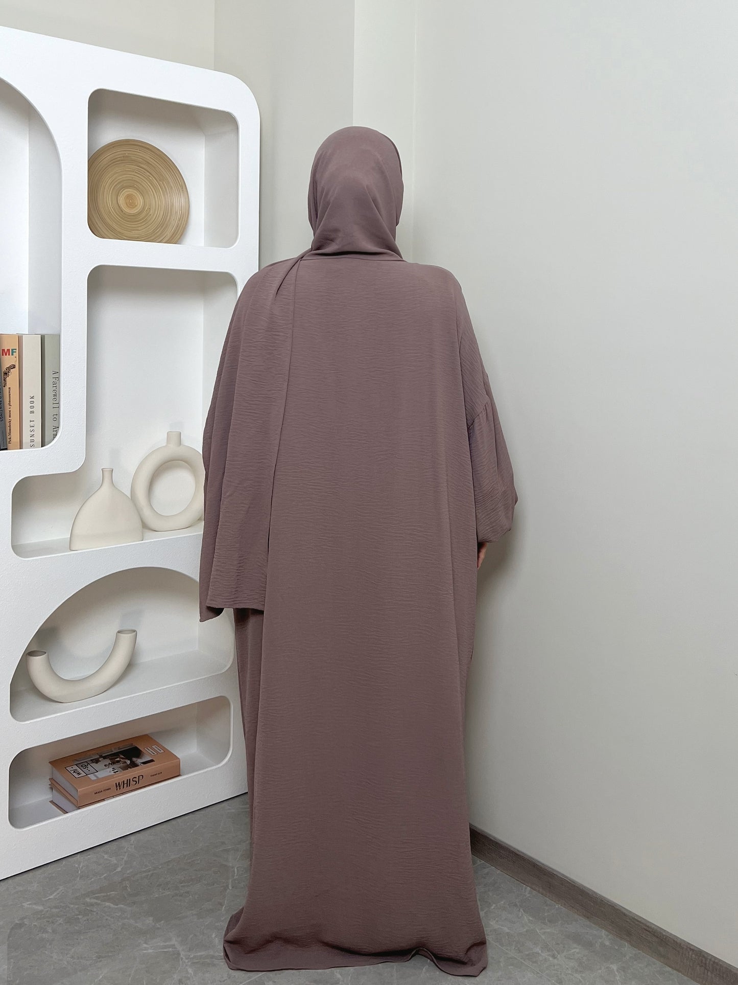 Elegant Crepe Hooded Jibab Abaya Hijab | Modest Long Sleeve Full Coverage Prayer Dress with Attached Scarf & Pockets, Machine Washable Medium Stretch Solid Color