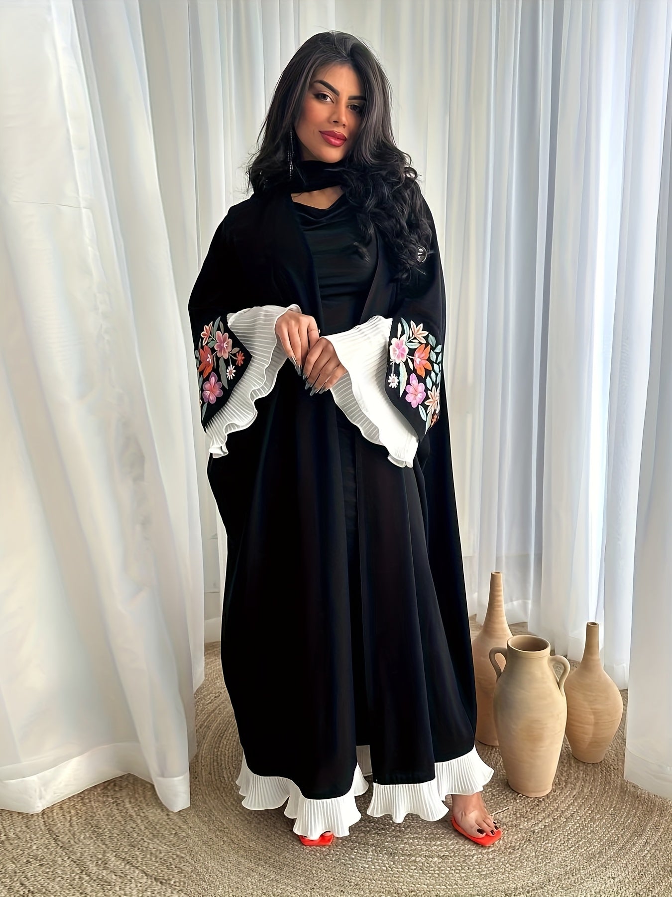 Women's Elegant Arabic Abaya Robe - Modest Islamic Full Coverage Long Dress with Floral wrist Accents, Black Formal & casual Muslim gown for Everyday Special Occasions, Versatile Layering Piece, Stylish Sheer Overlay, Delicate