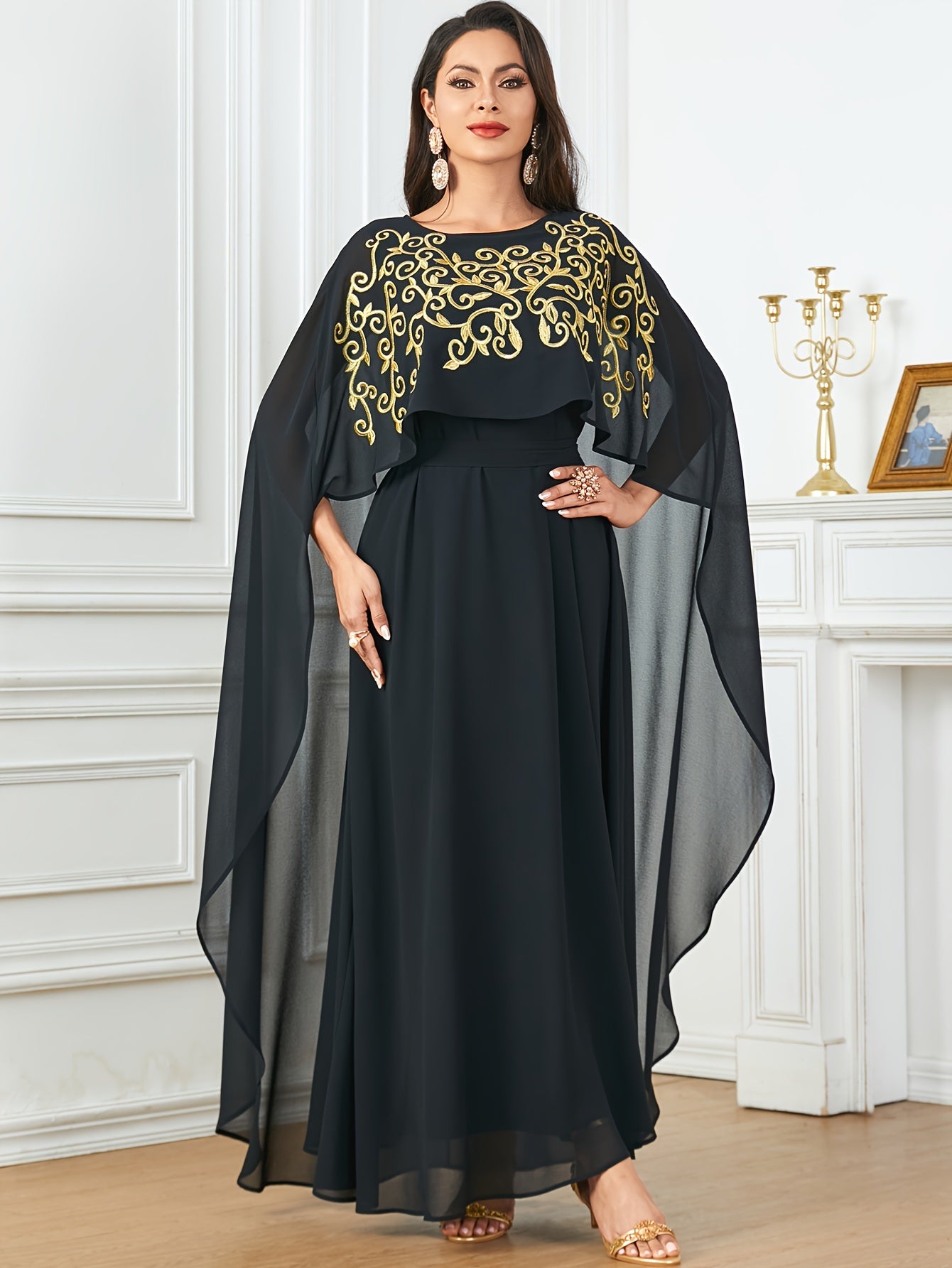 Stylish Long Cape with Lace Edge and Embroidery, Two-piece Set, Robe with Waistband and Body-hugging Abaya Dress