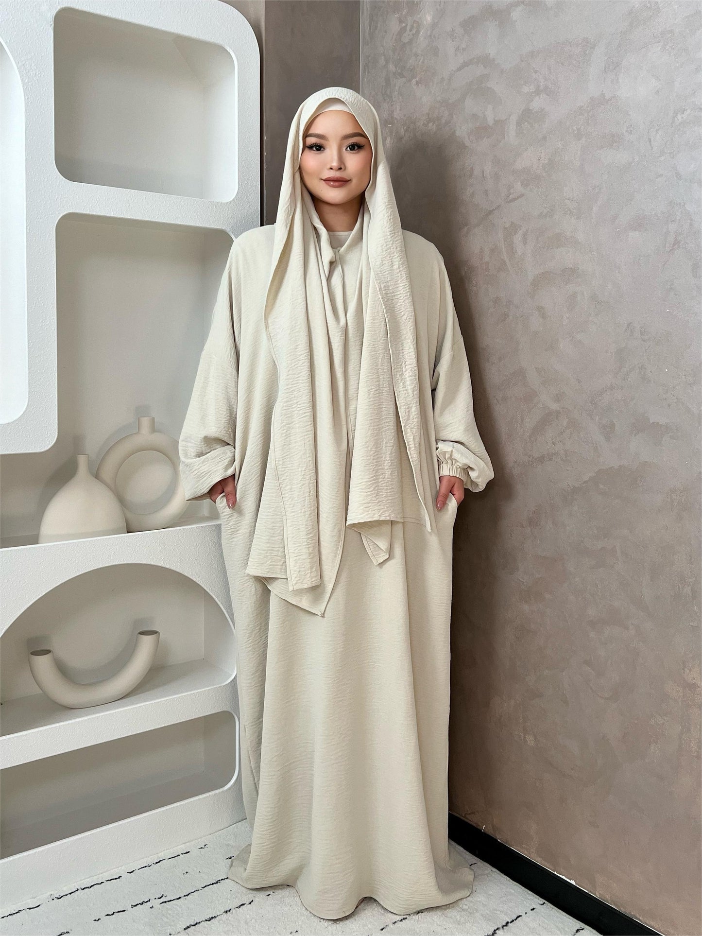 Elegant Crepe Hooded Jibab Abaya Hijab | Modest Long Sleeve Full Coverage Prayer Dress with Attached Scarf & Pockets, Machine Washable Medium Stretch Solid Color