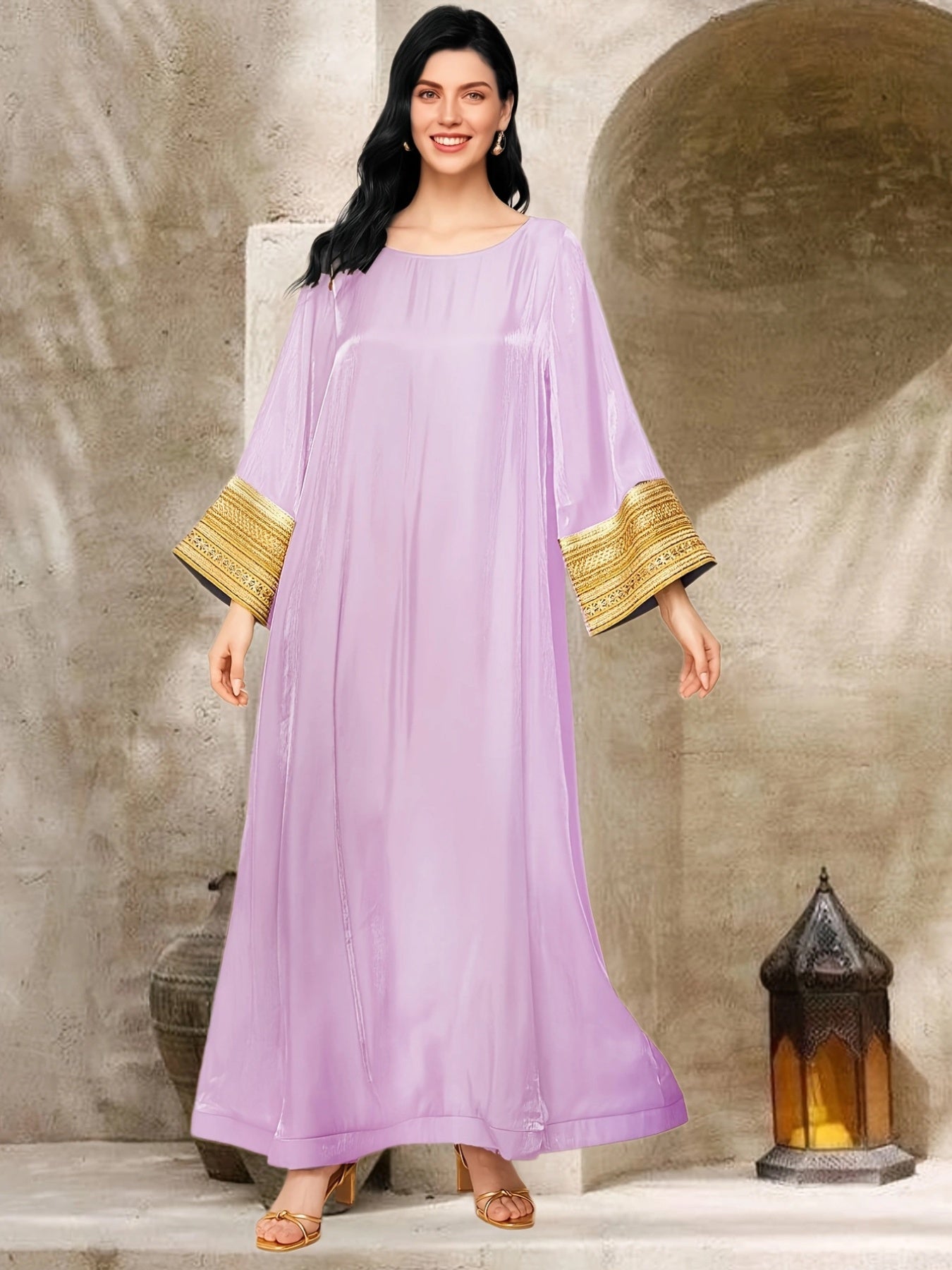 Women's Elegant Islamic Baju Abaya Dress - Long Sleeve Flowy Swing Dress in Pastel Lavender, Non-Stretchy Formal & Everyday Muslim Dress for Prayer, Office, Social Events