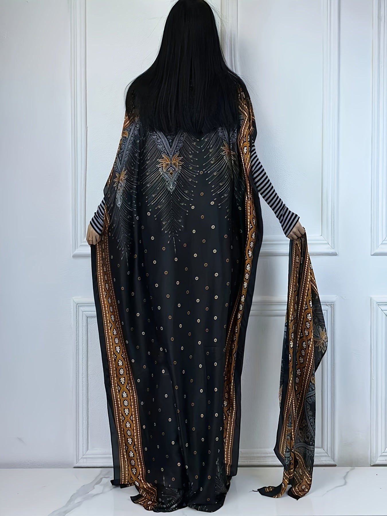 Women's Elegant Short Sleeve Loose Fit Long Dress - Traditional Middle Eastern Baju Abaya with All-Over Floral Print, Adjustable Waist Belt & Boat Neck Scarf - Breathable Machine-Washable