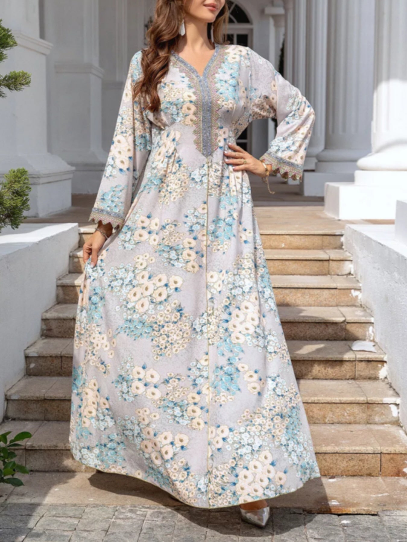 Women'S Light Blue Floral Print Abaya Baju Dress - Long Sleeve V-Neck, Asymmetrical Hem, Flowy Beach Cover-Up with Pockets, Casual & Modest Style for Casual Attire, Beach Dress