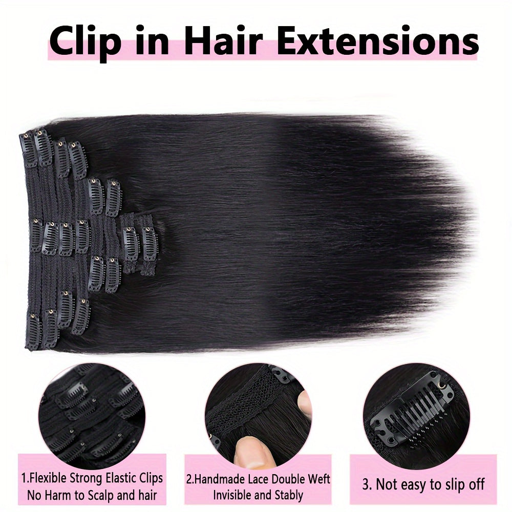 8 Pieces Straight Real Human Hair Clip In Hair Extensions | Remy Brazilian Black Human Hair | Double Wefted Clip In Hair Extension