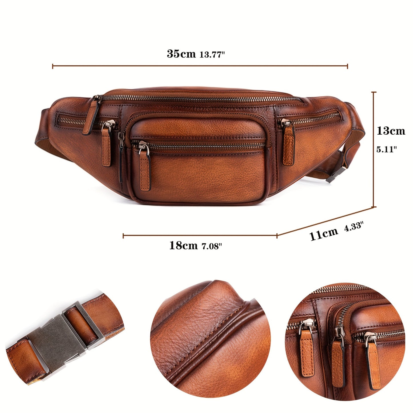 Premium Genuine Leather Fanny Pack for Men & Women - Adjustable Sling Bag with Multiple Zipper Pockets, Brown Leather Crossbody Chest Bag