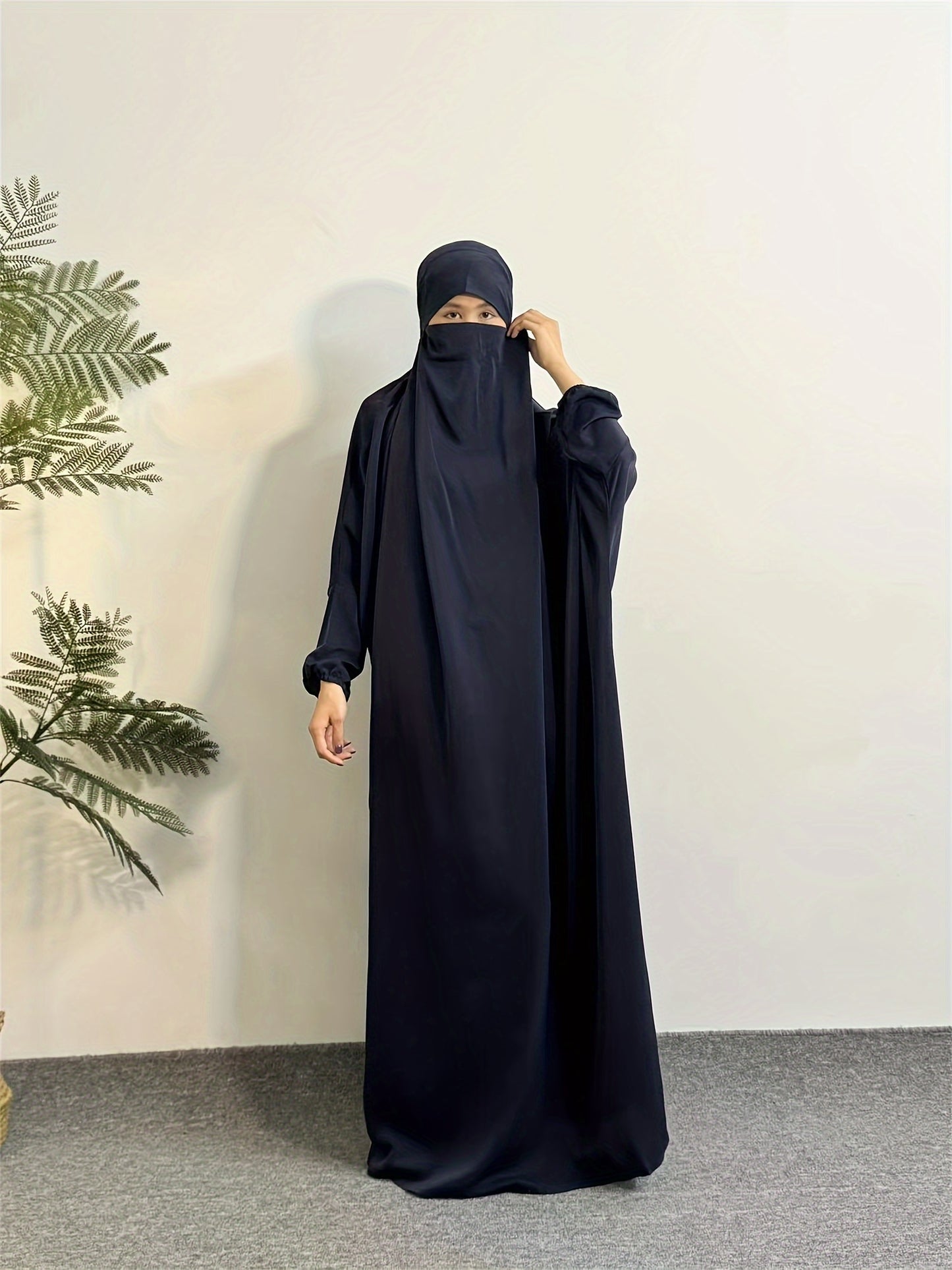 Elegant Black Hijab Dress for Women - Long Sleeve Smocked Abaya Kaftan with Hooded Prayer Abaya Burqa, Polyester Islamic Modest Clothing for Ramadan & Daily Wear