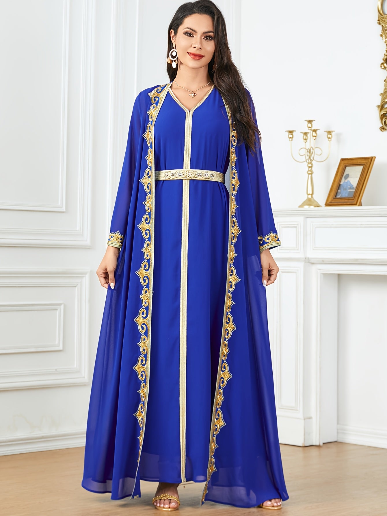 New Middle Eastern Emirati Abaya Dress + Cardigan Lace Embroidery Long Sleeve Two-Piece Robe Dress