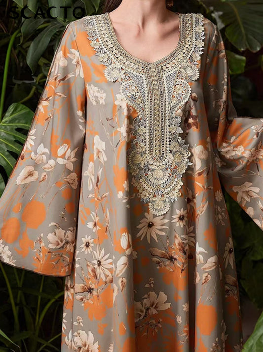 Plus Size, Women's Elegant Plus Size Floral Print Maxi Dress| Baju Abaya - Middle Eastern Bohemian Style Embroidery Long Dress