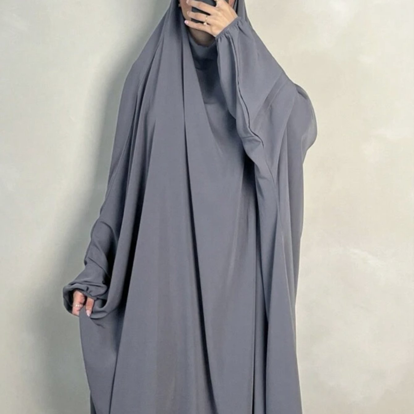 Elegant Solid Black Baju Abaya Prayer Dress - Loose Fit Batwing Sleeves Long Sleeve Ramadan Abaya with Hijab Headscarf, Traditional Middle Eastern All-Season Long Robe for Women