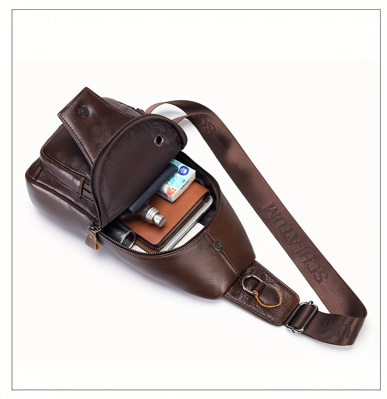 Men's Top Layer Cowhide Sling Bag, Genuine Leather Crossbody Bag, Retro Fashion Commuter Bag Multi-functional Travel Slant Shoulder Bag