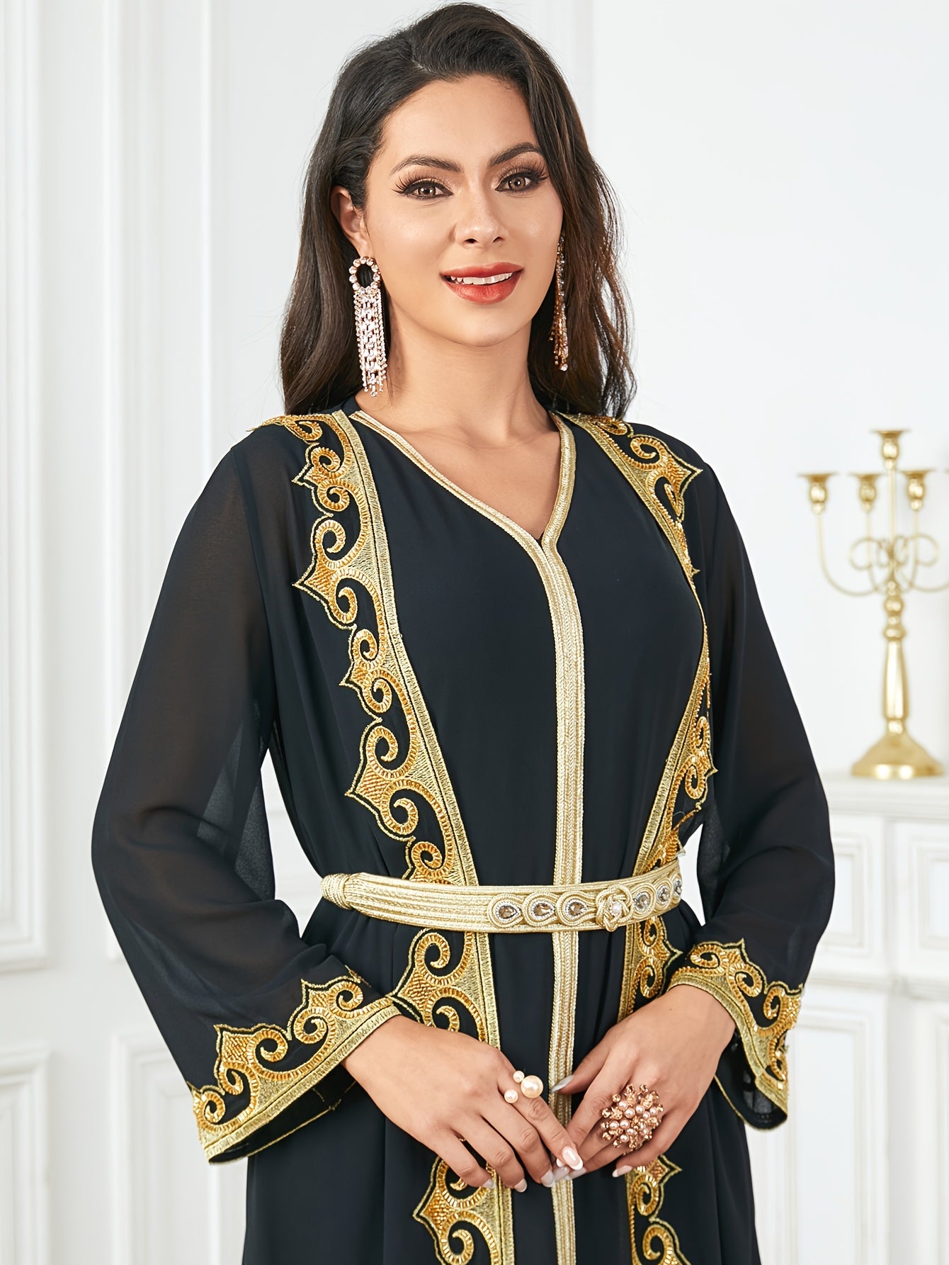 New Middle Eastern Emirati Abaya Dress + Cardigan Lace Embroidery Long Sleeve Two-Piece Robe Dress