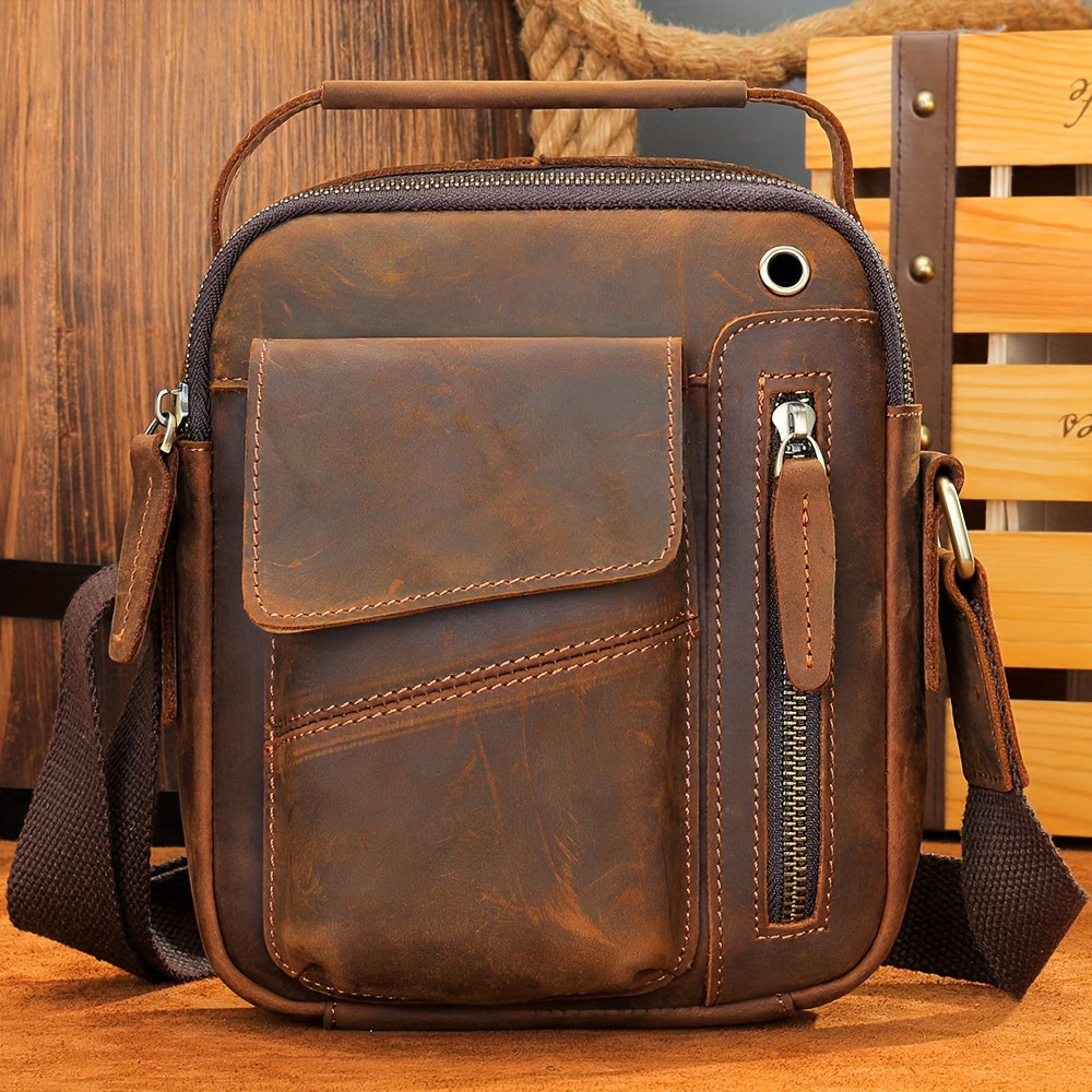Crazy Horse Leather Shoulder Bag For Men, Fashionable Sling Bag For 7.9-in Tablet, Retro Crossbody Bag For Hanging Out & Daily Commute