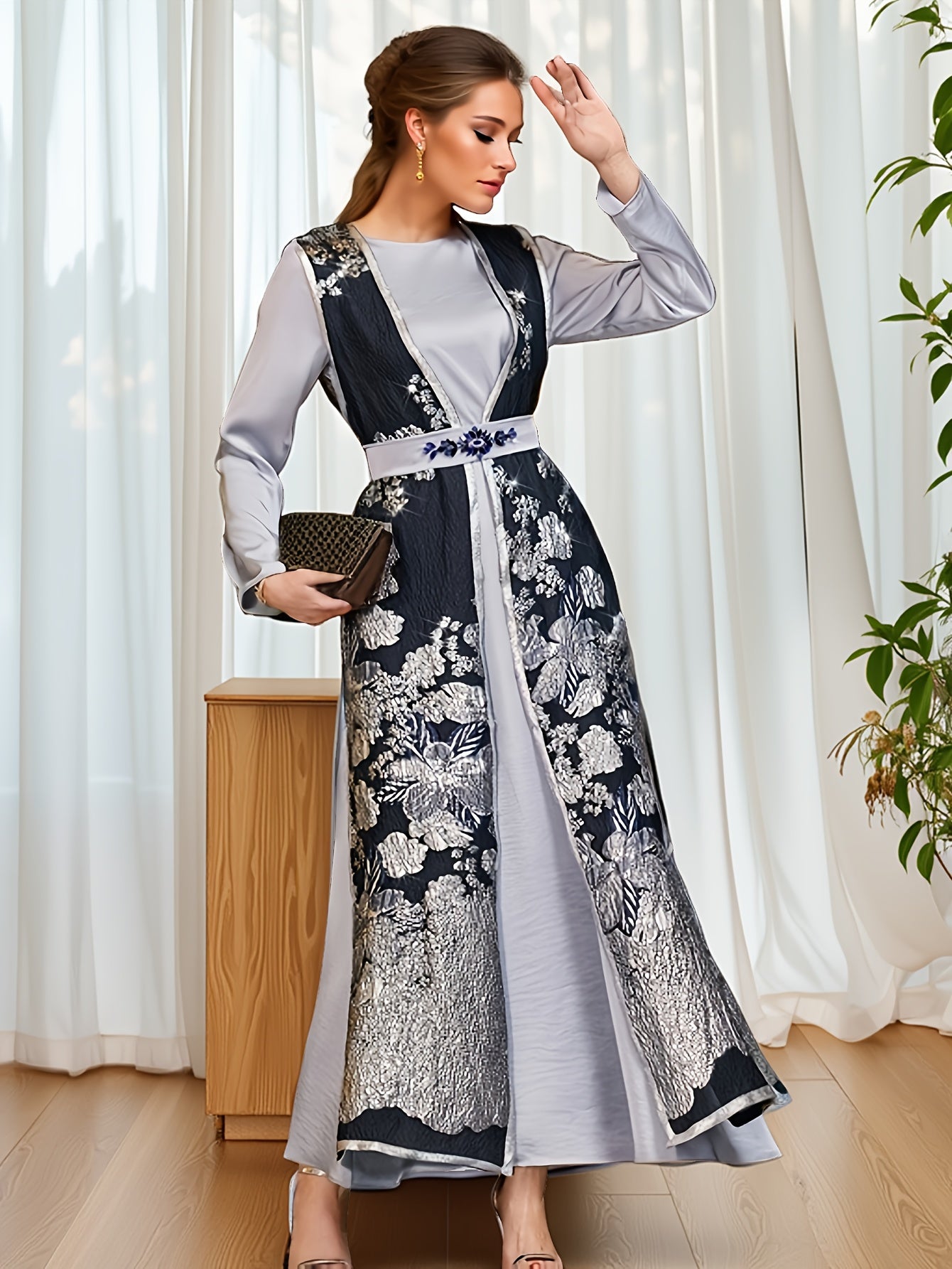 Middle Eastern Women's Casual Printed Emirati Abaya Set, Two-Piece Outfit with Floral Pattern and Rhinestone Embellishments, Long Sleeve, Spring/Summer Wear