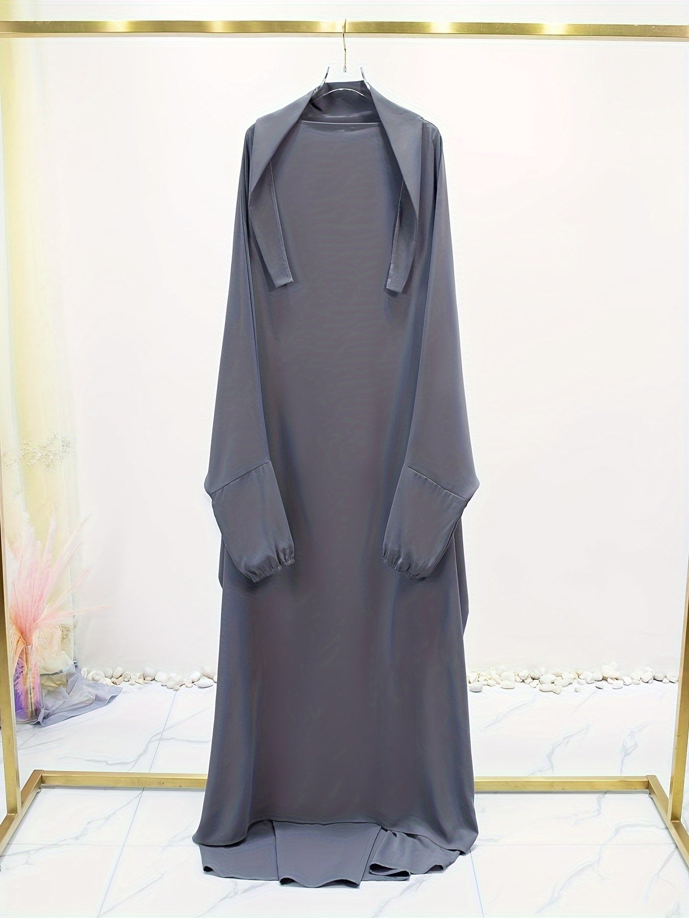 Elegant Solid Black Baju Abaya Prayer Dress - Loose Fit Batwing Sleeves Long Sleeve Ramadan Abaya with Hijab Headscarf, Traditional Middle Eastern All-Season Long Robe for Women