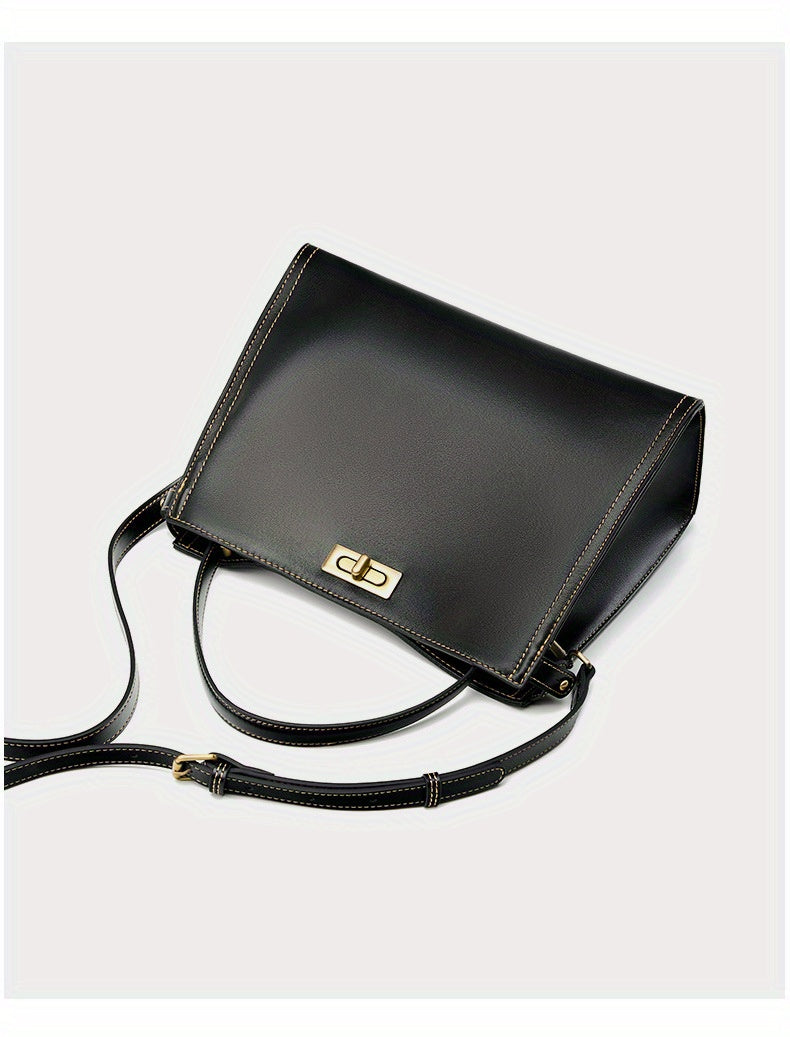 Women's Genuine Leather Crossbody Bag - Retro Minimalist Design with Golden-Tone Clasp Closure, Versatile Commuting & Dating Handbag