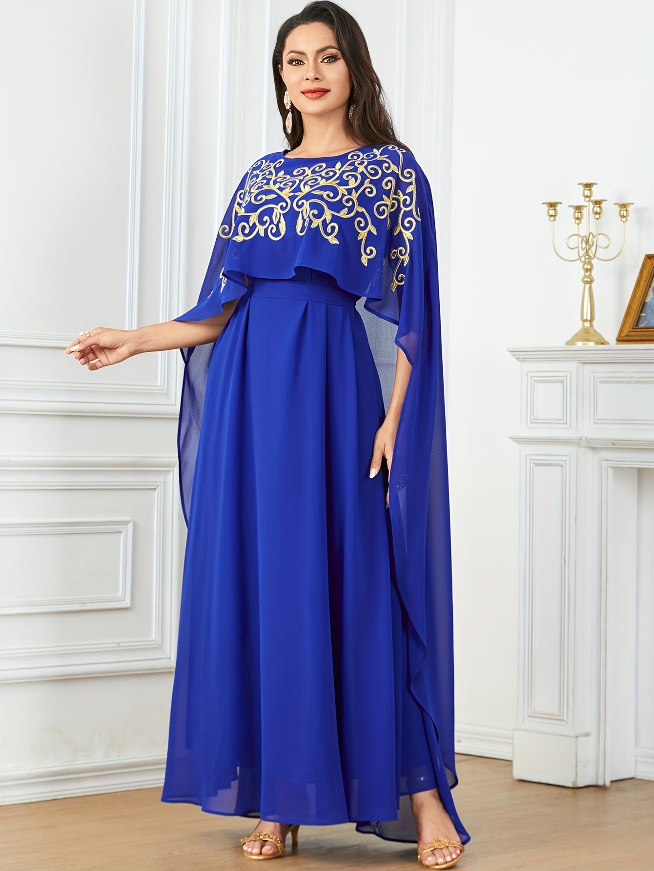 Stylish Long Cape with Lace Edge and Embroidery, Two-piece Set, Robe with Waistband and Body-hugging Abaya Dress