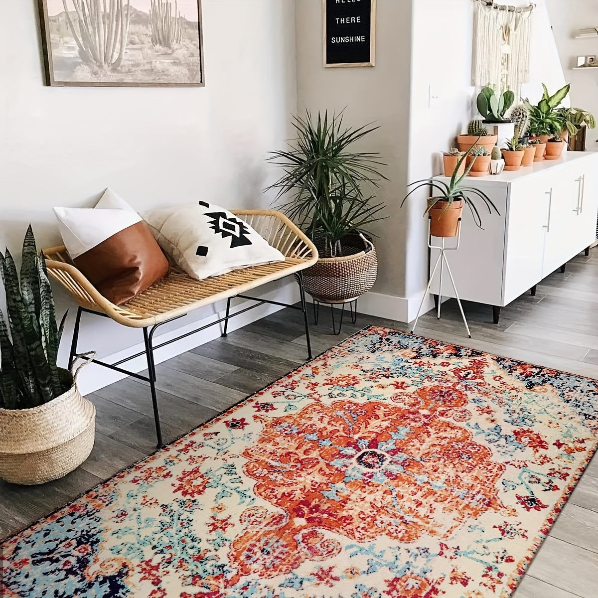 Bohemian Floral Medallion Area Rug - Oriental Distressed Bedroom Arabian Carpet Country Vintage Faux Wool Indoor Throw Mat Non-Slip Washable Low-Pile Carpet For Bathroom Living Kitchen Laundry Room