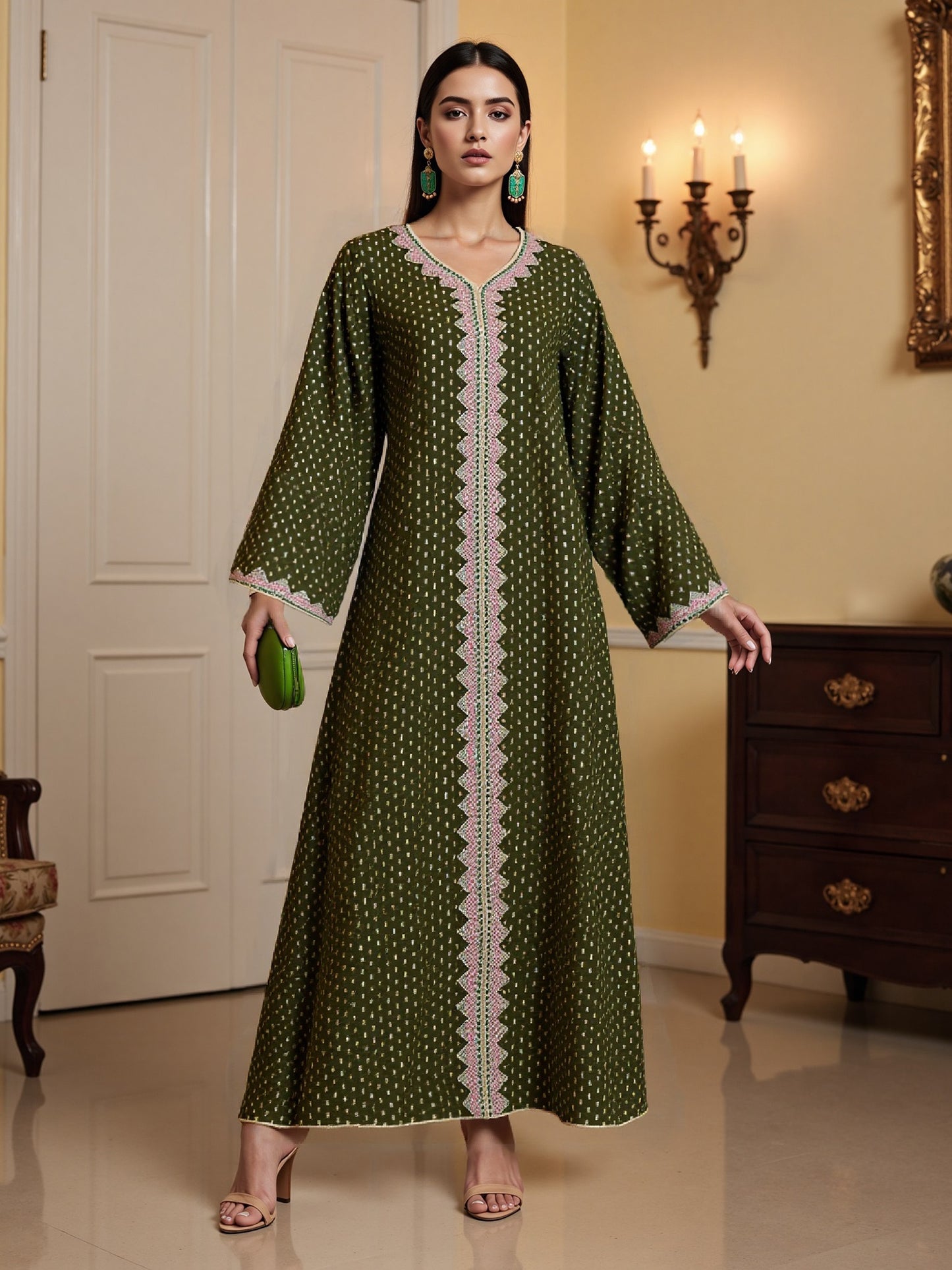Elegant V-Neck Long Sleeve Baju Abaya Dress for Women - Green & White Polka Dot, Loose Fit with Pockets, Perfect for Daily Wear, Spring/Fall Fashion, Casual Attire | V-neck Dress | Polyester Fabric