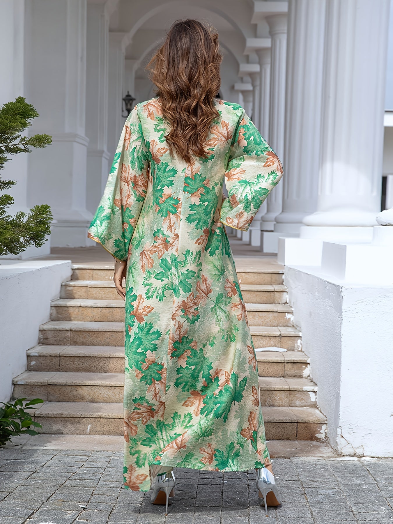 Women's Elegant Floral Baju Abaya Dress - Long Maxi robe with Flowy Loose Fit, Beige & Orange Floral Print Formal & Everyday Islamic Dress - Machine Washable Muslim Wedding Guest Outfit