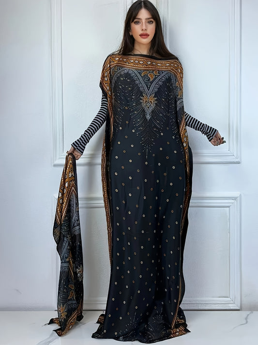 Women's Elegant Short Sleeve Loose Fit Long Dress - Traditional Middle Eastern Baju Abaya with All-Over Floral Print, Adjustable Waist Belt & Boat Neck Scarf - Breathable Machine-Washable