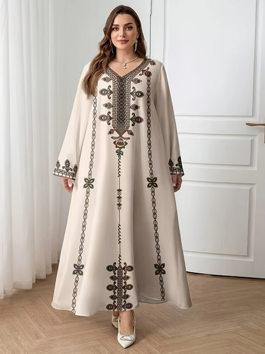 Plus Size Ethnic Style Long Sleeve V-Neck Baju Abaya - Ultra-Long Skirt with Light Beige & Brown Floral Print, Comfortable Loose Fit, Middle Eastern Robe Style for Women, Versatile Casual Wear